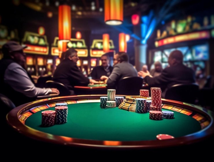 Mesin slot modern dengan lampu warna-warni di kasino digital
